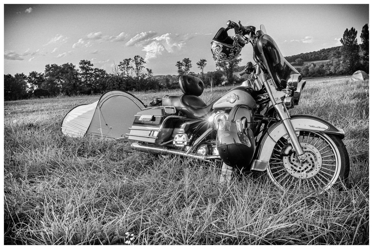 Une tente plantée à côté d'une moto dans un pré