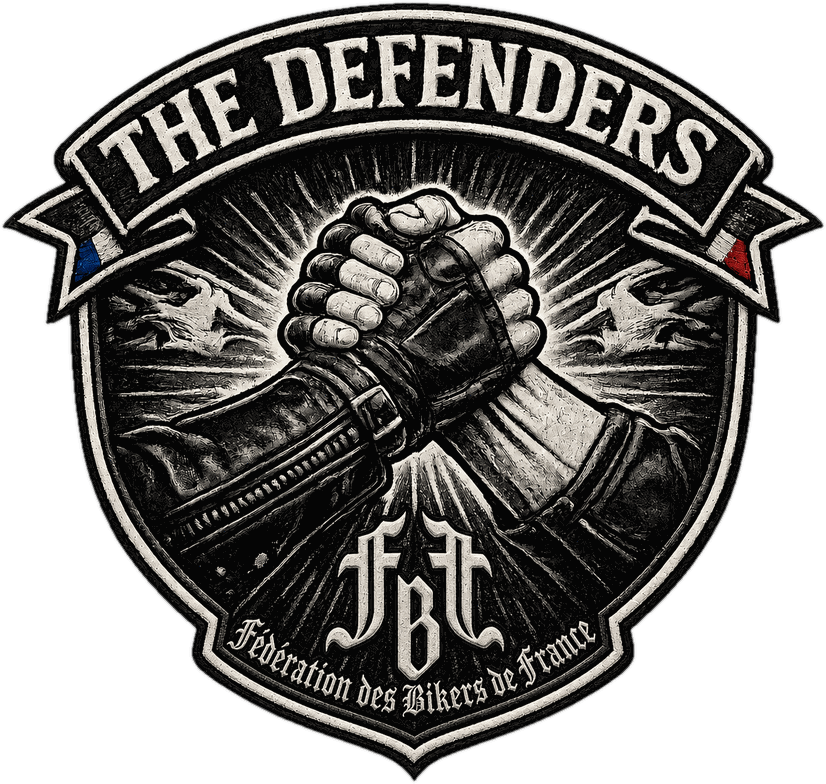 Patch THE DEFENDERS : deux mains de bikers serrées dans une poignée fraternelle, sous le monogramme de la Fédération des Bikers de France
